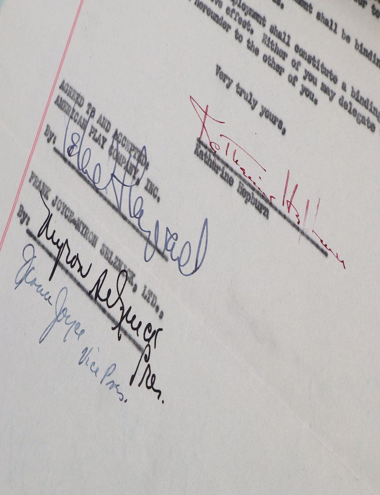 Typescript document signed ("Katharine Hepburn," "Leland Hayward" and others), management contract between Katharine Hepburn, the American Play Company, Inc. and Frank Joyce-Myron Selznick, Ltd.. giving the latter the right to represent her