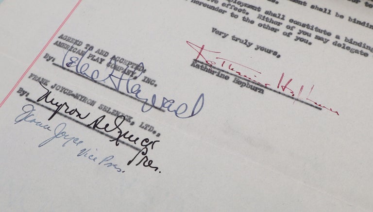 Typescript document signed ("Katharine Hepburn," "Leland Hayward" and others), management contract between Katharine Hepburn, the American Play Company, Inc. and Frank Joyce-Myron Selznick, Ltd.. giving the latter the right to represent her