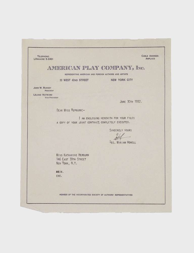 Typescript document signed ("Katharine Hepburn," "Leland Hayward" and others), management contract between Katharine Hepburn, the American Play Company, Inc. and Frank Joyce-Myron Selznick, Ltd.. giving the latter the right to represent her