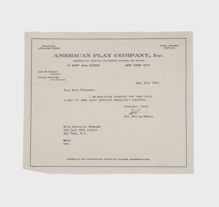 Typescript document signed ("Katharine Hepburn," "Leland Hayward" and others), management contract between Katharine Hepburn, the American Play Company, Inc. and Frank Joyce-Myron Selznick, Ltd.. giving the latter the right to represent her