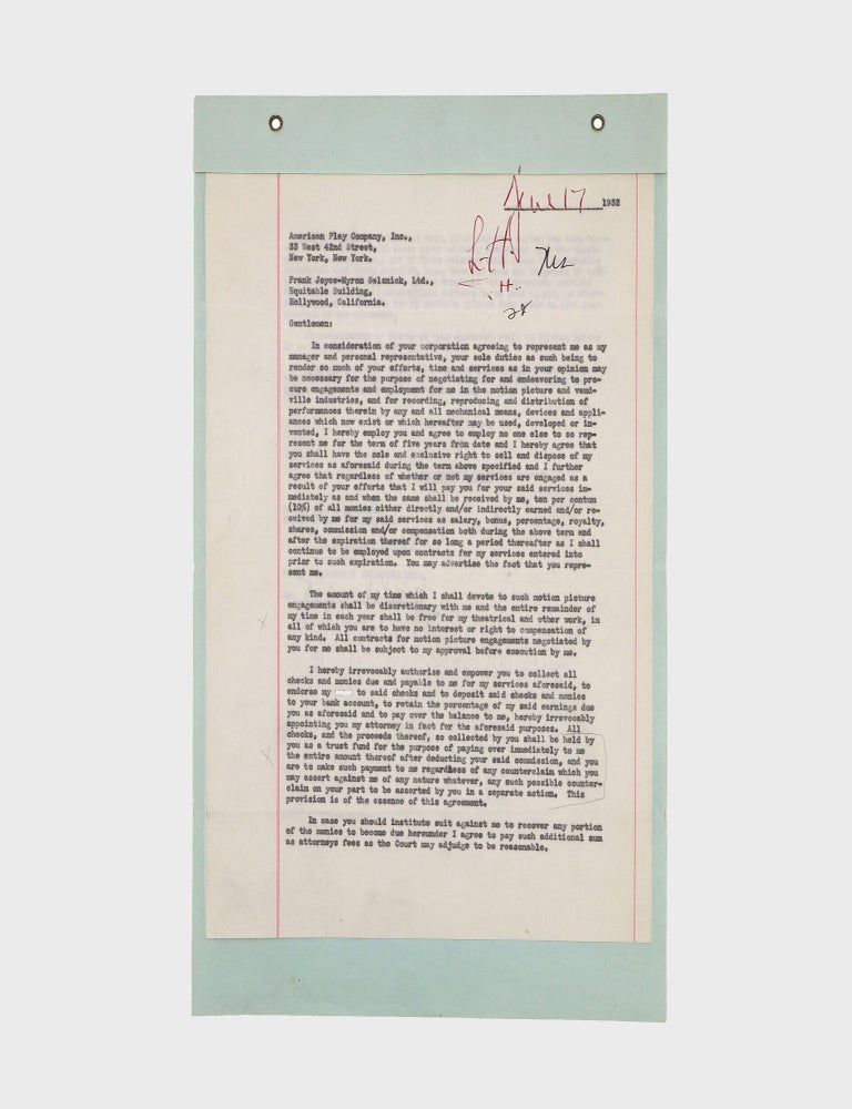 Typescript document signed ("Katharine Hepburn," "Leland Hayward" and others), management contract between Katharine Hepburn, the American Play Company, Inc. and Frank Joyce-Myron Selznick, Ltd.. giving the latter the right to represent her