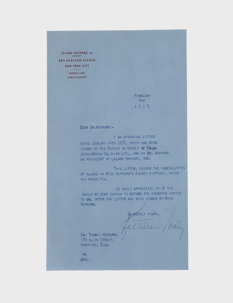 Typescript document signed ("Katharine Hepburn," "Leland Hayward" and others), management contract between Katharine Hepburn, the American Play Company, Inc. and Frank Joyce-Myron Selznick, Ltd.. giving the latter the right to represent her