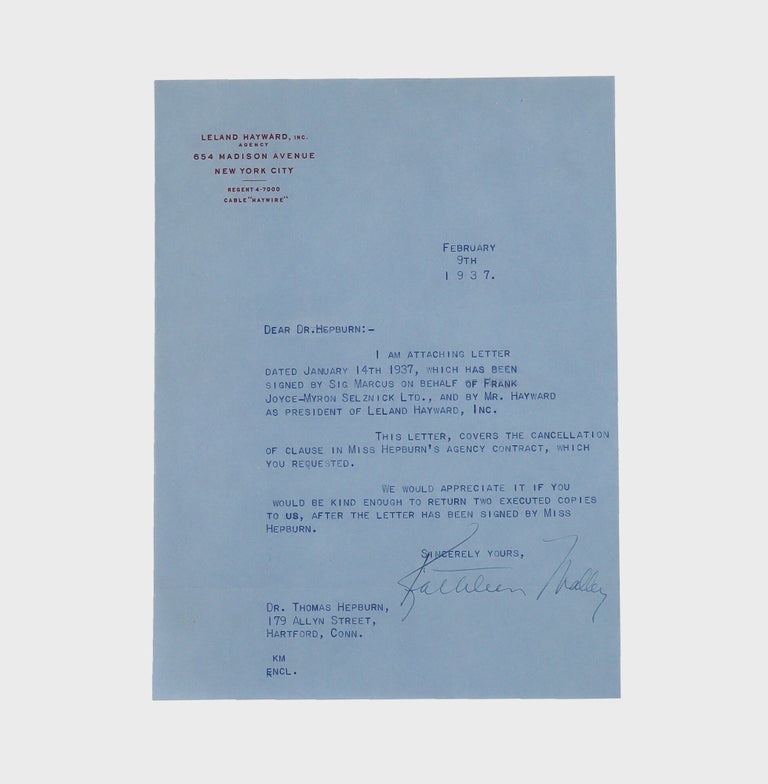 Typescript document signed ("Katharine Hepburn," "Leland Hayward" and others), management contract between Katharine Hepburn, the American Play Company, Inc. and Frank Joyce-Myron Selznick, Ltd.. giving the latter the right to represent her