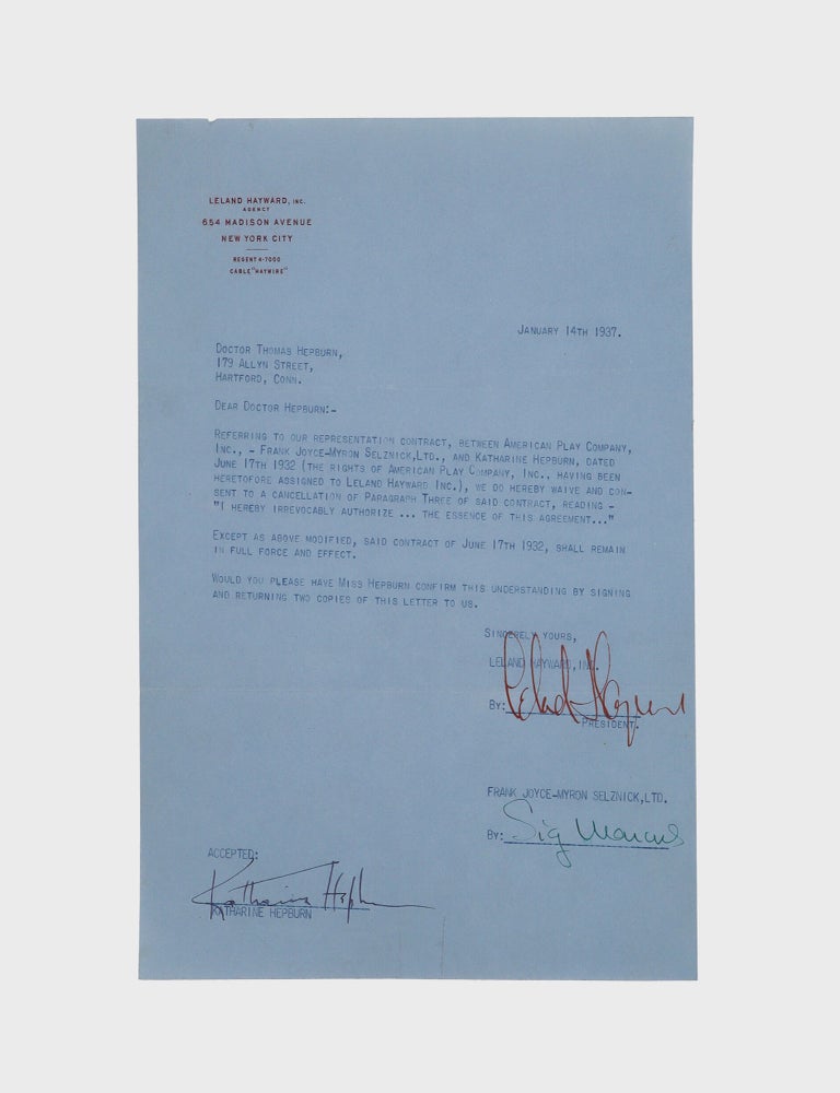 Typescript document signed ("Katharine Hepburn," "Leland Hayward" and others), management contract between Katharine Hepburn, the American Play Company, Inc. and Frank Joyce-Myron Selznick, Ltd.. giving the latter the right to represent her