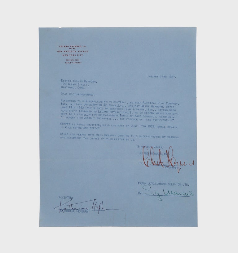 Typescript document signed ("Katharine Hepburn," "Leland Hayward" and others), management contract between Katharine Hepburn, the American Play Company, Inc. and Frank Joyce-Myron Selznick, Ltd.. giving the latter the right to represent her