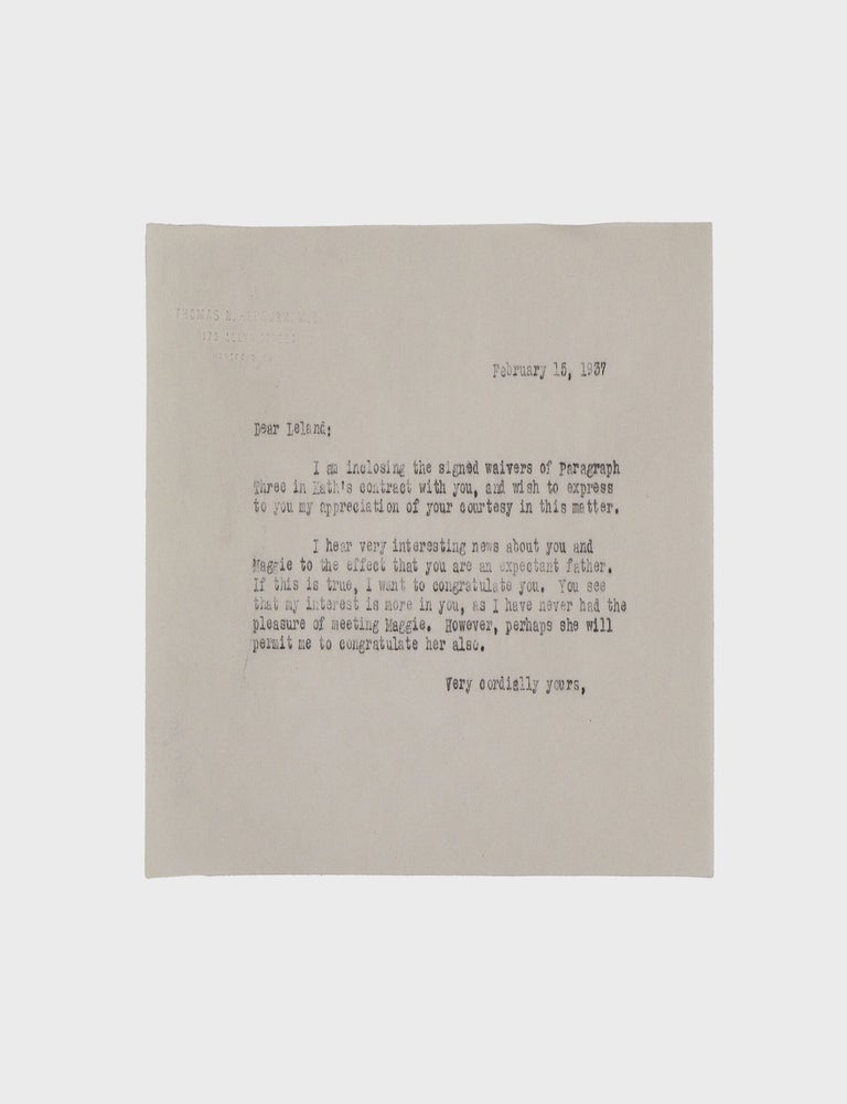 Typescript document signed ("Katharine Hepburn," "Leland Hayward" and others), management contract between Katharine Hepburn, the American Play Company, Inc. and Frank Joyce-Myron Selznick, Ltd.. giving the latter the right to represent her