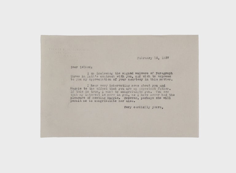 Typescript document signed ("Katharine Hepburn," "Leland Hayward" and others), management contract between Katharine Hepburn, the American Play Company, Inc. and Frank Joyce-Myron Selznick, Ltd.. giving the latter the right to represent her
