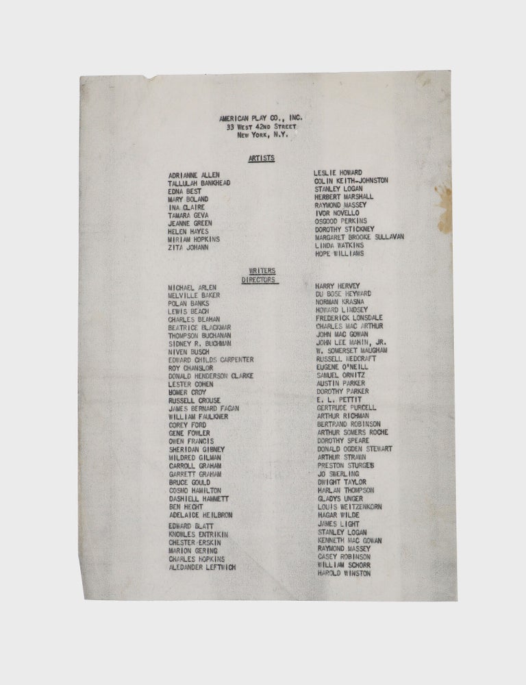 Typescript document signed ("Katharine Hepburn," "Leland Hayward" and others), management contract between Katharine Hepburn, the American Play Company, Inc. and Frank Joyce-Myron Selznick, Ltd.. giving the latter the right to represent her