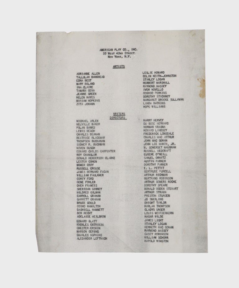 Typescript document signed ("Katharine Hepburn," "Leland Hayward" and others), management contract between Katharine Hepburn, the American Play Company, Inc. and Frank Joyce-Myron Selznick, Ltd.. giving the latter the right to represent her