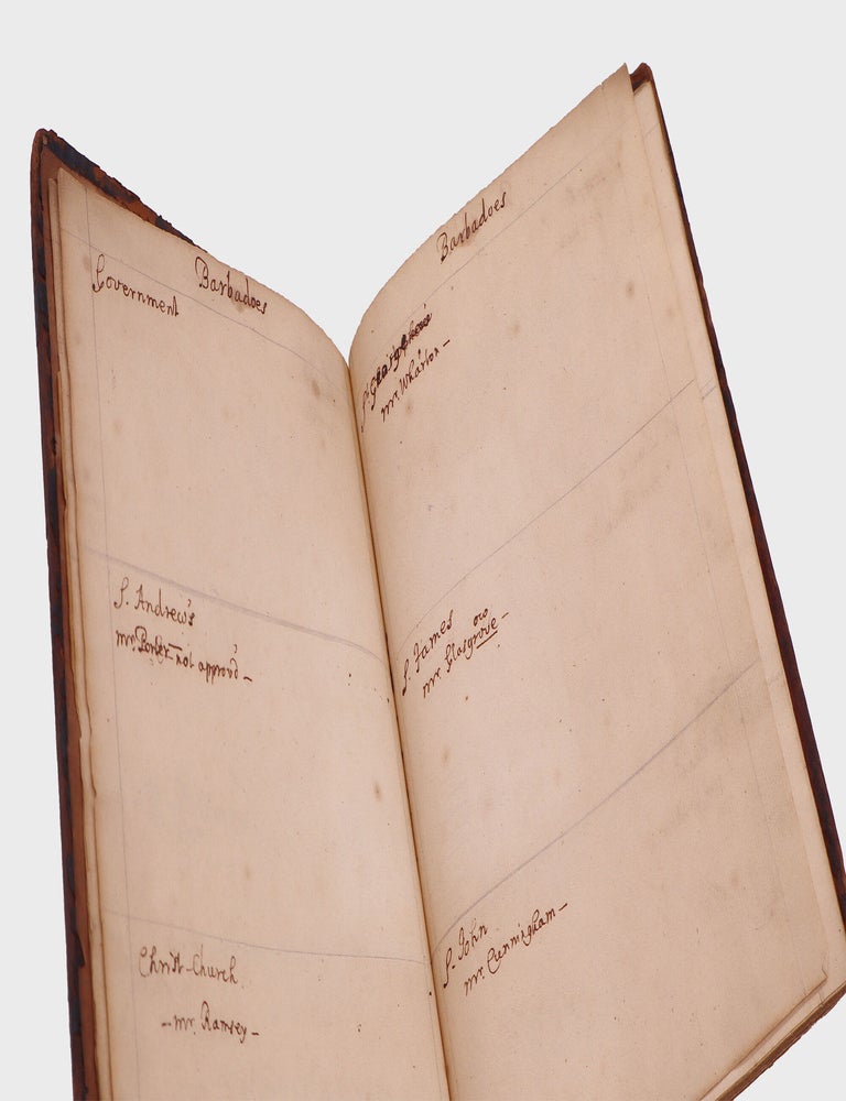 [Manuscript list of colonial American parish churches organized by colony, with the names of ministers and other information for each]