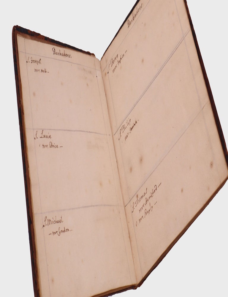 [Manuscript list of colonial American parish churches organized by colony, with the names of ministers and other information for each]