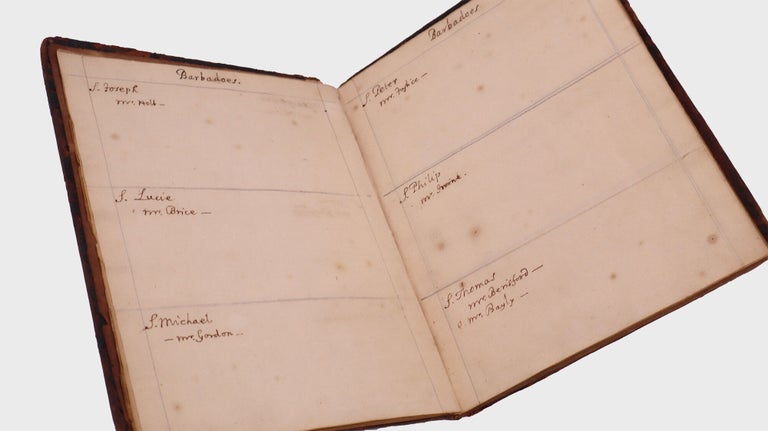 Manuscript list of colonial American parish churches organized by colony, with the names of... (5/5)