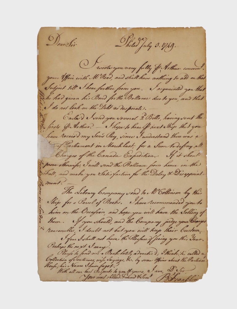 Item #379262 Autograph Letter, Signed "B. Franklin" to William Strahan, regarding the Library Company and various printing and publishing matters. Benjamin Franklin.
