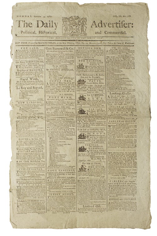 Item #37958 The Daily Advertiser: Political, Historical, and Commercial. Monday, September 3, 1787. Vol. III No. 788. New York City.