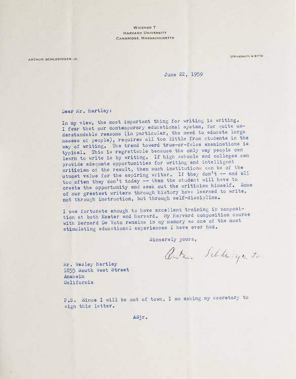Item #39452 Two type letters, one signed "Arthur Schlesinger Jr" Arthur Schlesinger, Junior.