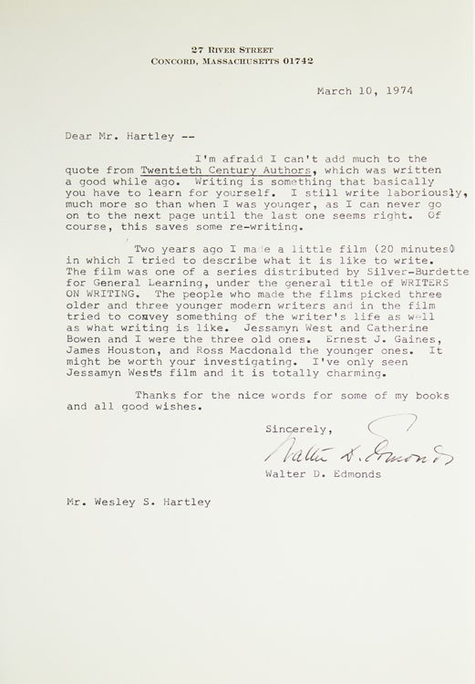 Item #39463 Two typed letters signed "Walter D. Edmonds" Walter D. Edmonds.