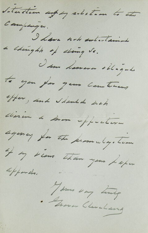 Autograph letter signed "Grover Cleveland" To Hamilton Hill