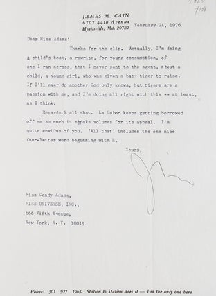 Item #39499 Two typed letters, signed "Jim", to columnist Cindy Adams. James M. Cain