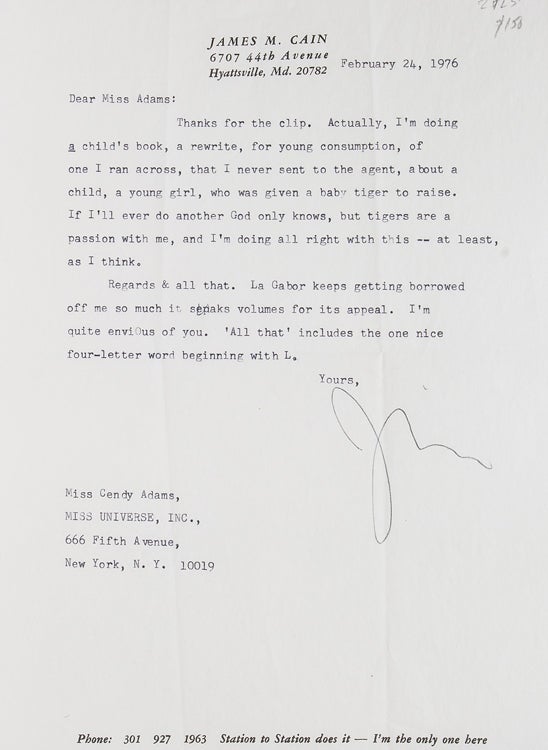 Item #39499 Two typed letters, signed "Jim", to columnist Cindy Adams. James M. Cain.