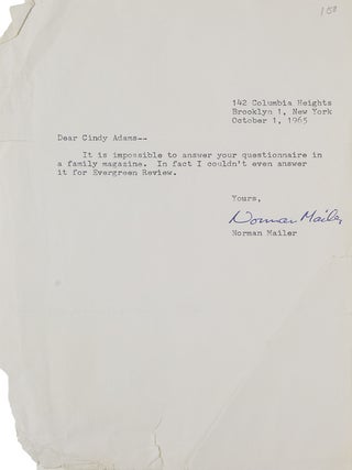Item #39502 Autograph note signed "Norman Mailer", to columnist Cindy Adams,v of...