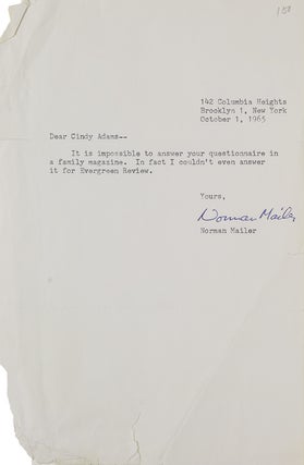 Item #39502 Autograph note signed "Norman Mailer", to columnist Cindy Adams,v of Brooklyn, New...