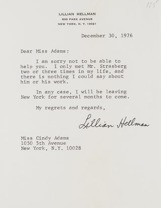 Item #39503 Typed letter, secretarial signature ("Lillian Hellman"). Lillian Hellman