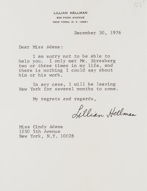 Item #39503 Typed letter, secretarial signature ("Lillian Hellman"). Lillian Hellman.