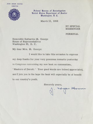 Item #39554 Two Typed letters Signed (“J. Edgar Hoover”) to U.S. Representative from New...
