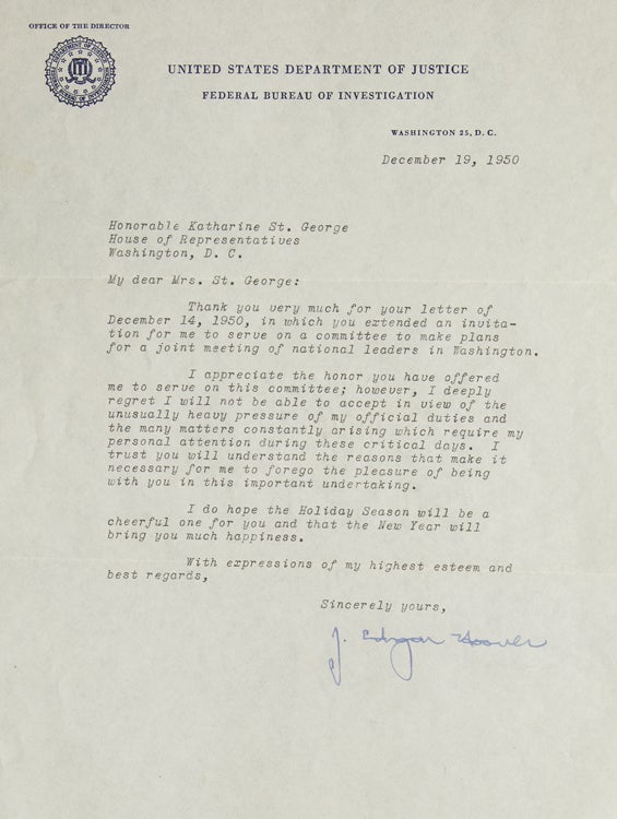 Two Typed letters Signed (“J. Edgar Hoover”) to U.S. Representative from New York, KATHARINE ST. GEORGE