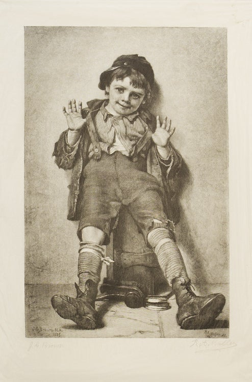 Item #39946 "I'm Perfectly Happy." a little shoeshine boy with his hands up. Engraving by R.A. Mueller after J.G. Brown. SIGNED BY BOTH. J. G. Brown.