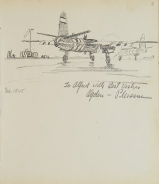 Pencil Sketch of two airplanes on a landing field. Ogden Pleissner.