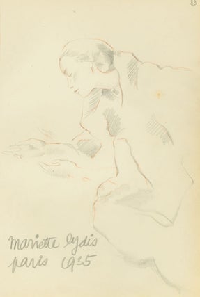 Item #40443 Pencil Drawing of a young woman leaning forward with outstretched hands. Mariette Lydis