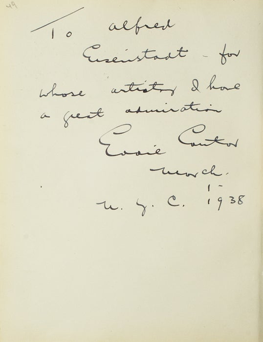 Item #40561 Autograph Note Signed to photographer Alfred Eisenstaedt, New York, 1938 [with, on verso:] Autogtraph Notes Signed by HOFFMANN, Josef, DeMILLE, Cecil B., and DURBIN, Deanna, 1937-38. Eddie Cantor.