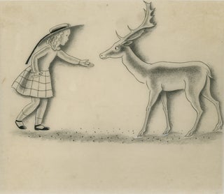 Item #40587 Original drawing of girl and deer, an illustration for “Peggy and the Pony”....