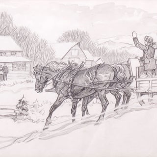 Item #41256 Original pencil drawing of a sleigh carrying 2 children and their mother, drawn by...