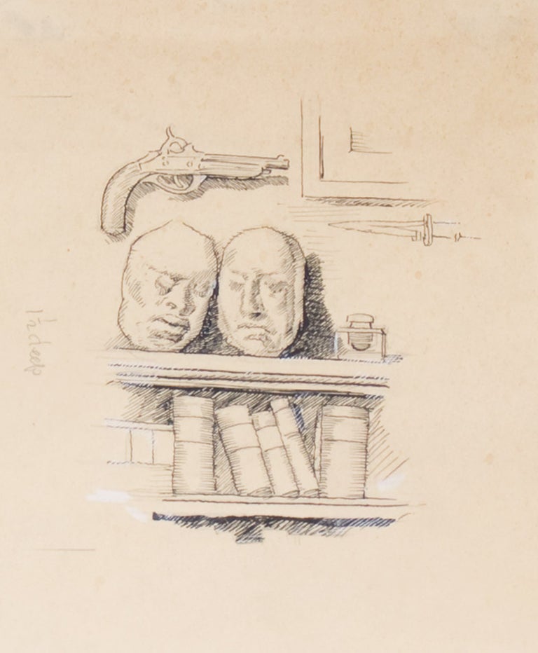 Item #41401 ORIGINAL pen illustration, picturing book shelf with two masks above and pistol hanging on the wall. Gordon Ross.