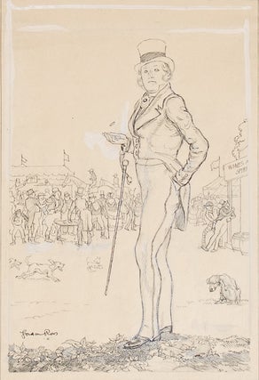 Item #41406 ORIGINAL pen illustration, picturing a dandy flipping a coin, holding cane, with dog...