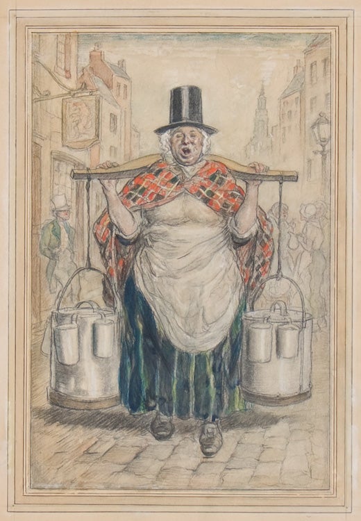 Item #41408 ORIGINAL pencil, crayon and watercolor illustration. Caption reads "Cheerful Cries of London" and below "the London Cries-The Milkmaid-general London Street scene of Lamb's day-'Poor drudges whom I have left behind'-Top of page 177." Gordon Ross.