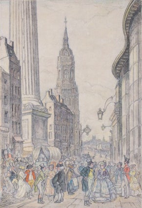 Item #41409 ORIGINAL pencil, crayon and watercolor illustration, caption reads "New York" and...