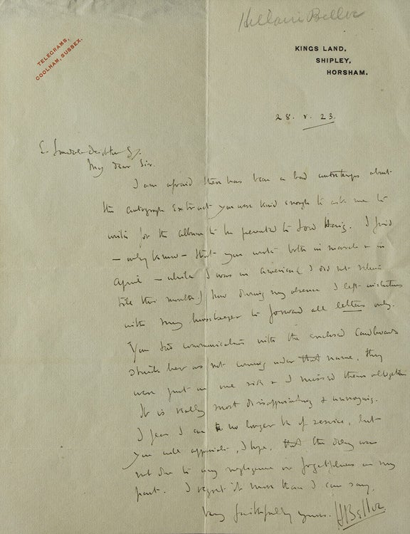 Item #41530 Autograph Letter Signed ("HBelloc") to Sr ? Deighton (?), SJ, concerning an Autograph Album to be presented to Lord [Douglas] Haig. Hillaire Belloc.