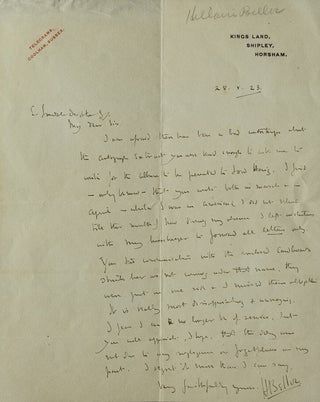 Item #41530 Autograph Letter Signed ("HBelloc") to Sr ? Deighton (?), SJ, concerning an...