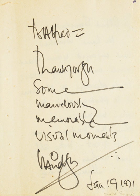 ANS, to Alfred Eisenstaedt. "We have watched and enjoyed your great work over many years. It is always a pleasure to be photographed by you-no nonsense-plus the pictures are just great-with all good wishes-Henry Ford II." WITH on verso ANS from Sir David Frost