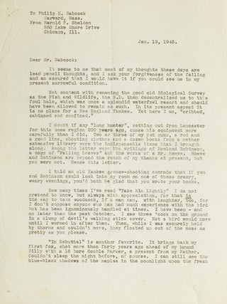Item #41762 Typed Letter Signed to Philip H. Babcock on literary and sporting subjects. Harold P....