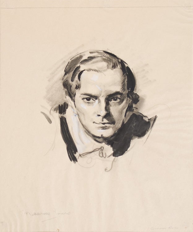 Item #41809 ORIGINAL Portrait of Maurice Evans, pencil and ink, touched with white. Gordon Ross.