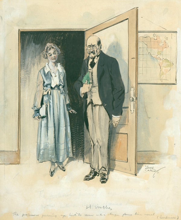 Item #41829 Watercolor of a professor and comely young woman student standing in a classroom doorway. Tony Sarg.