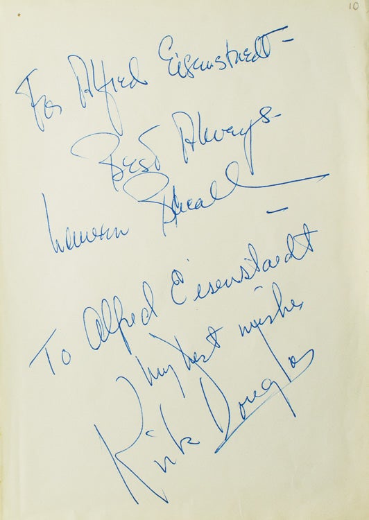 Item #41930 Autograph Inscriptions Signed ("Best Always, Lauren Bacall" and "to Alfred Eisenstaed / my best wishes/ Kirk Douglas") to LIFE photographer ALFRED EISENSTAEDT. Lauren Bacall, Kirk DOUGLAS.