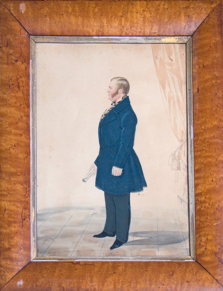 Item #42131 Watercolor Full Length Profile Portrait of Gentleman in blue waistcoat holding rolled paper, with curtain on right