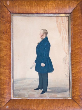 Watercolor Full Length Profile Portrait of Gentleman in blue waistcoat holding rolled paper, with...