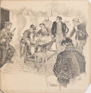 Item #42220 Original drawing of a tavern scene depicting seven men, an eighth just entering....