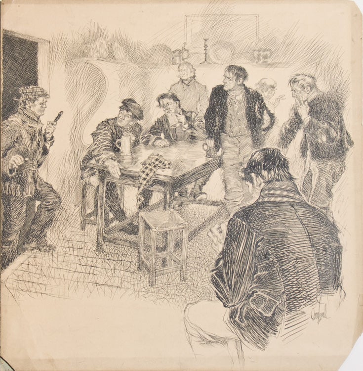 Item #42220 Original drawing of a tavern scene depicting seven men, an eighth just entering. Orson Lowell.